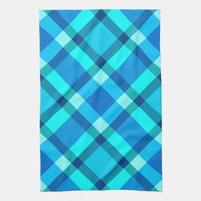 Large Modern Plaid, Cobalt Blue, Aqua & Turquoise Tea Towel (Vertical)
