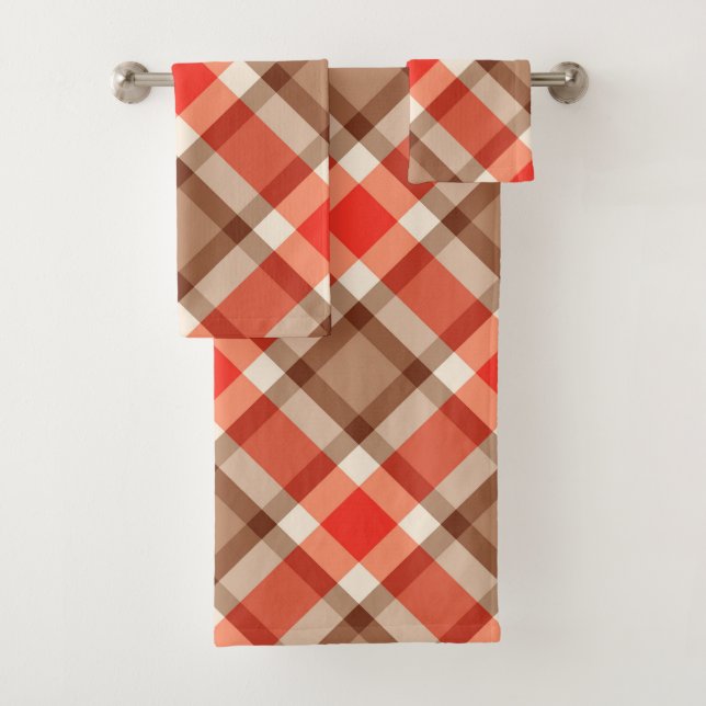 Large Modern Plaid, Coral Orange, Brown & Tan Bath Towel Set (Insitu)