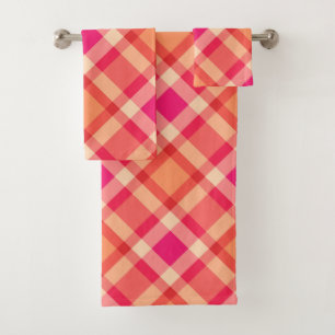 Large Modern Plaid, Orange, Coral and Fuchsia Pink Bath Towel Set