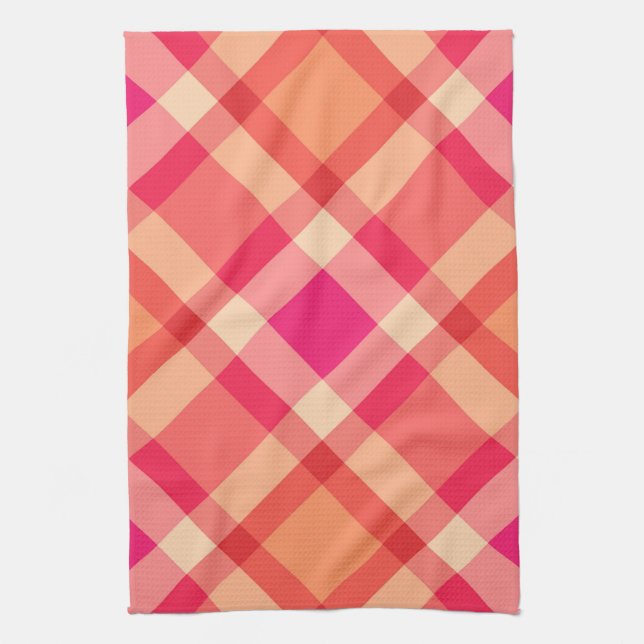 Large Modern Plaid, Orange, Coral and Fuchsia Pink Tea Towel (Vertical)