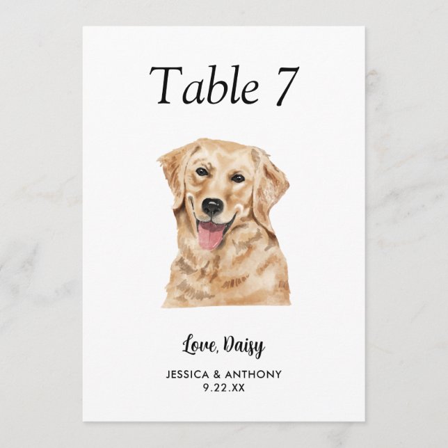Large Modern Watercolor Dog Wedding Table Number (Front)