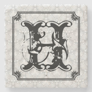 Large Monogram Art Deco Frame White Damasks Stone Coaster