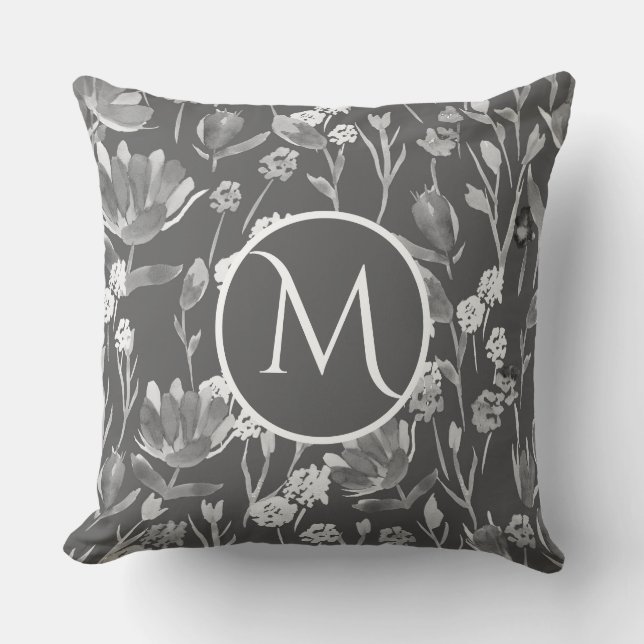 Large Monogram Initial Romantic Grey Floral  Cushion (Front)