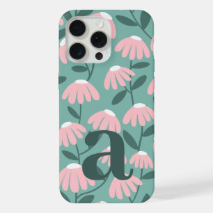 Large Monogram Letter Pink & Green Floral Pattern iPhone 15 Pro Max Case