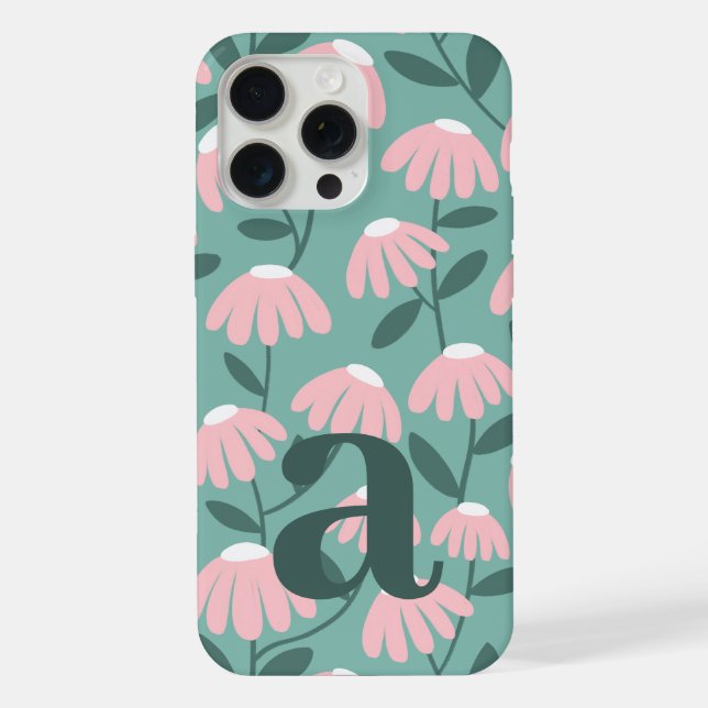 Large Monogram Letter Pink & Green Floral Pattern iPhone Case (Back)
