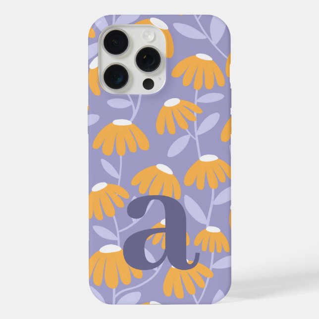 Large Monogram Letter Yellow & Blue Floral Pattern iPhone Case (Back)