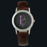 Large Monogram & Name, Lavender/White Text, Black Watch<br><div class="desc">Personalise this stylish and simple text design with your name in white and your large monogram in lavender on black background. Click “Edit Using Design Tool” to change colours and type styles.</div>