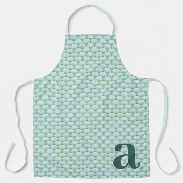 Large Monogram Teal Blue Vintage Floral Pattern Apron (Front)