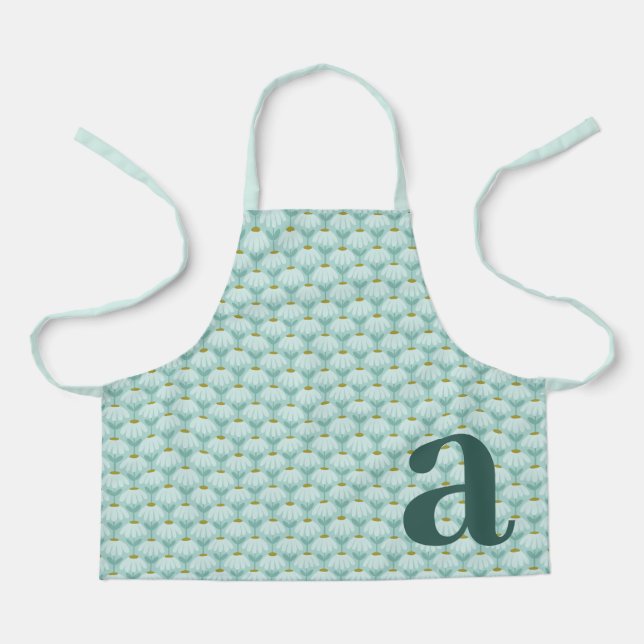 Large Monogram Teal Blue Vintage Floral Pattern Apron (Front)