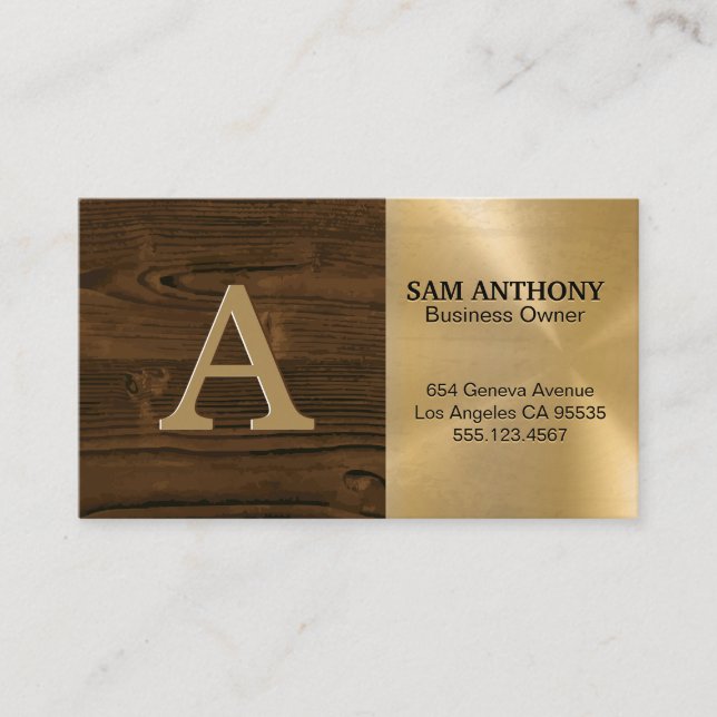 Large Monogram | Wood Grain Gold Metallic Business Card (Front)