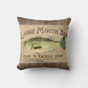 Large Mouth Bass Fisherman Cabin Wood Boards Cushion