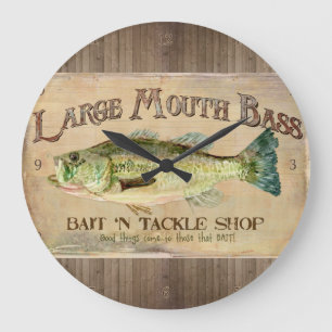 Large Mouth Bass Fisherman Cabin Wood Boards Large Clock