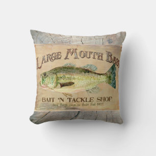 Large Mouth Bass Lakeside Fishing Cabin Wood Cushion