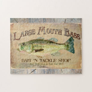 Large Mouth Bass Lakeside Fishing Cabin Wood Jigsaw Puzzle