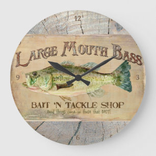 Large Mouth Bass Lakeside Fishing Cabin Wood Large Clock