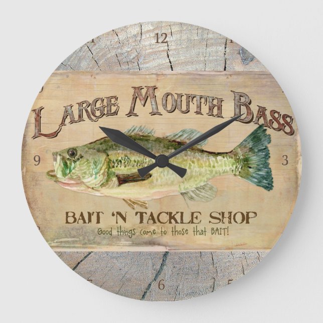 Large Mouth Bass Lakeside Fishing Cabin Wood Large Clock (Front)