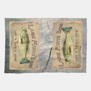 Large Mouth Bass Lakeside Fishing Cabin Wood Tea Towel