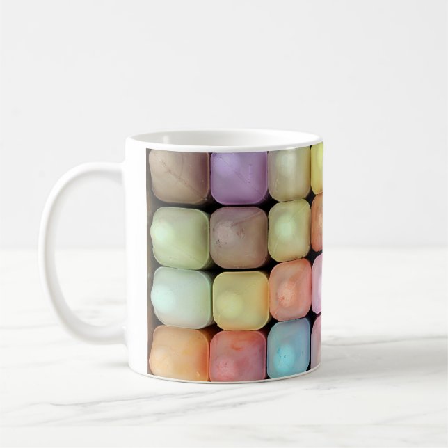 Large multi-coloured chalk pattern on mug (Left)