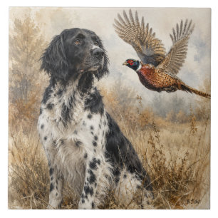 Large Münsterländer with  Pheasant Ceramic Tile