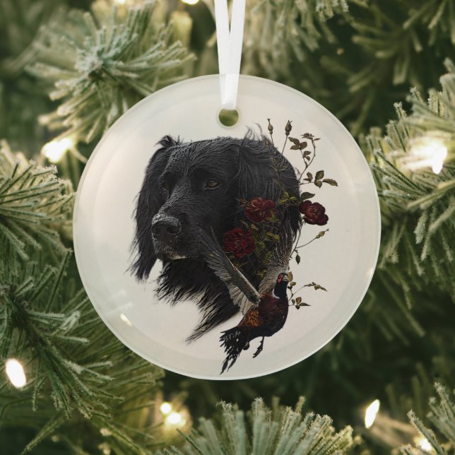 Large Munsterlander with pheasant    Glass Tree Decoration (Insitu)