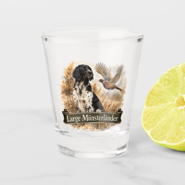 Large Münsterländer with  Pheasant Shot Glass (Front)