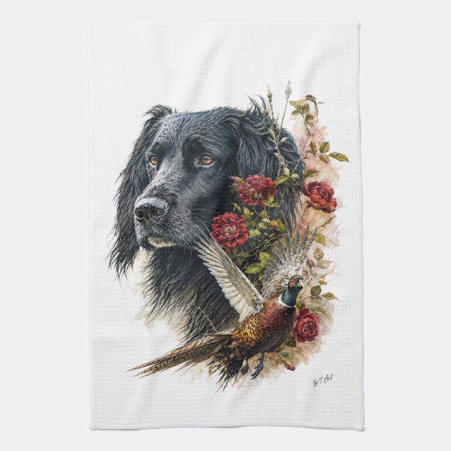 Large Munsterlander with pheasant   Tea Towel (Vertical)