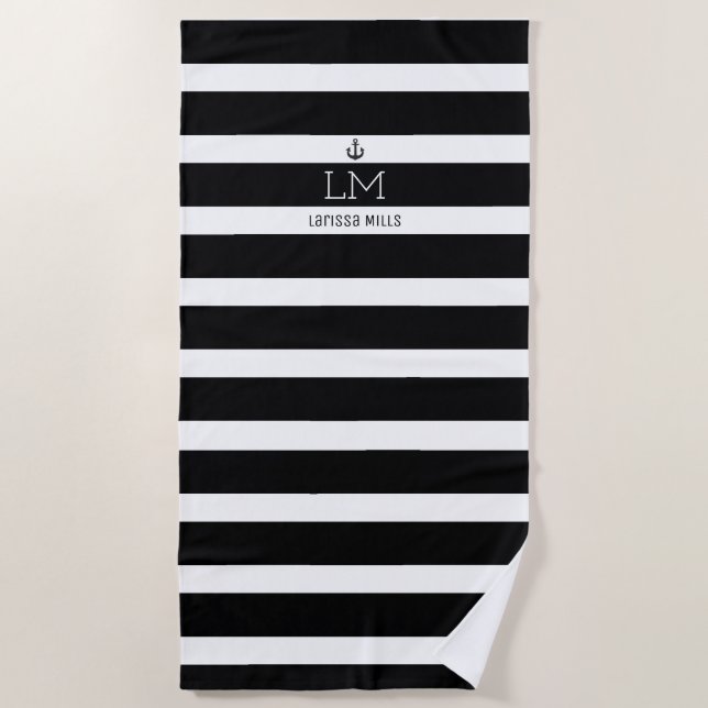 large nautical black & white stripes monogrammed beach towel (Front)