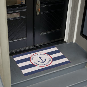 Large nautical navy striped welcome aboard doormat