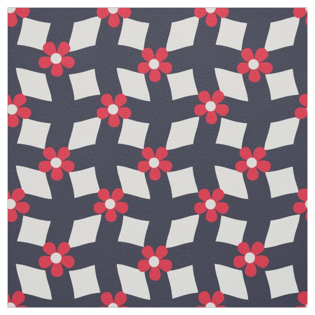 Large Navy Abstract Floral Grid - Cotton Twill Fabric (Swatch)