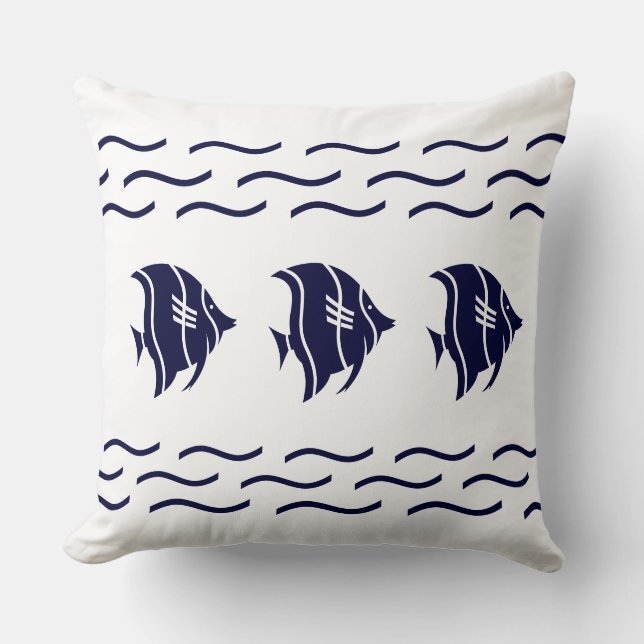 Large navy blue fish & waves on a white  PILLOW (Front)