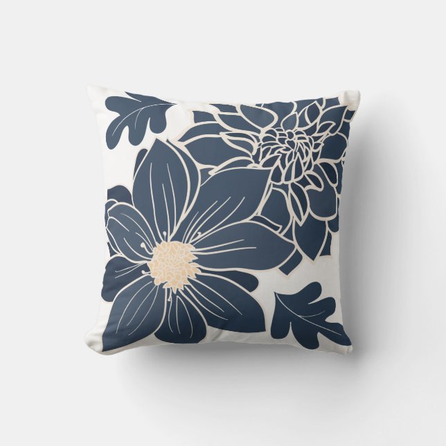 Large Navy Colour Flowers Elegant Throw Pillow (Front)