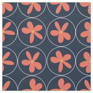 Large Navy Coral Floral Tile Cotton Twill Fabric