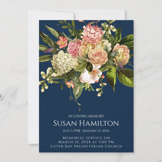 Large Navy Floral Funeral Memorial Announcement (Front)