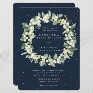 Large Navy Snowberry+Eucalyptus Wreath Wedding Invitation