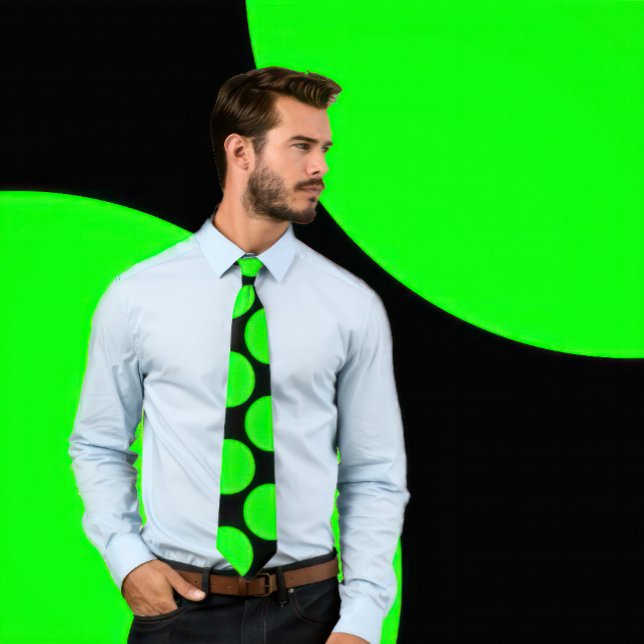 Large Neon Green Dots on Black Background Tie (Man wears a necktie with large neon green polka dots on black.)