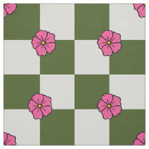 Large Olive Pink Floral Chequerboard Twill