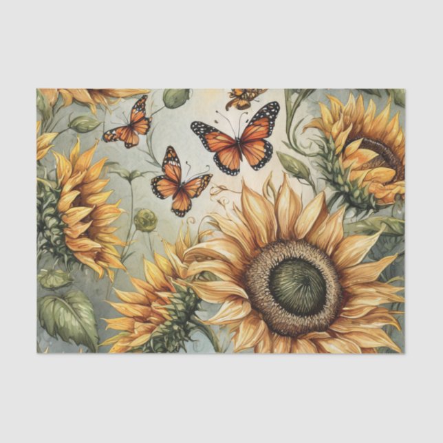 Large Open Sunflowers with Monarch Butterflies Tissue Paper (Front)