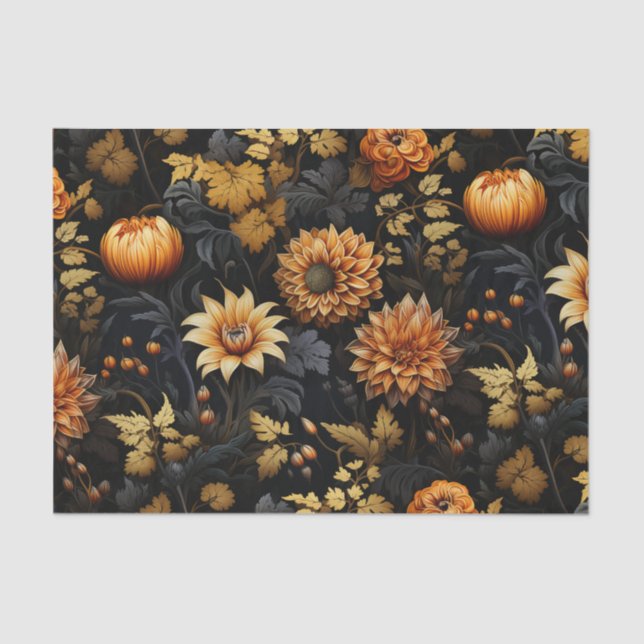 Large Orange Black Fall Floral Tissue Paper (Front)