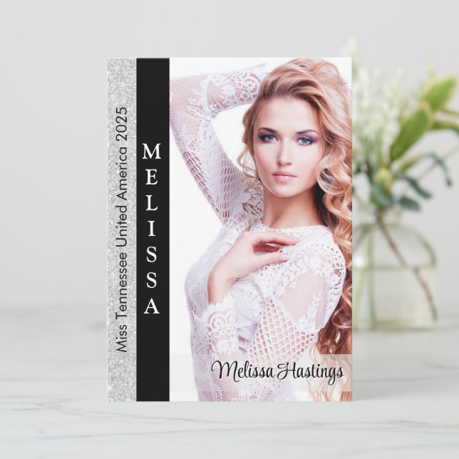 Large Pageant Autograph Card | Silver Glitz Border (Standing Front)