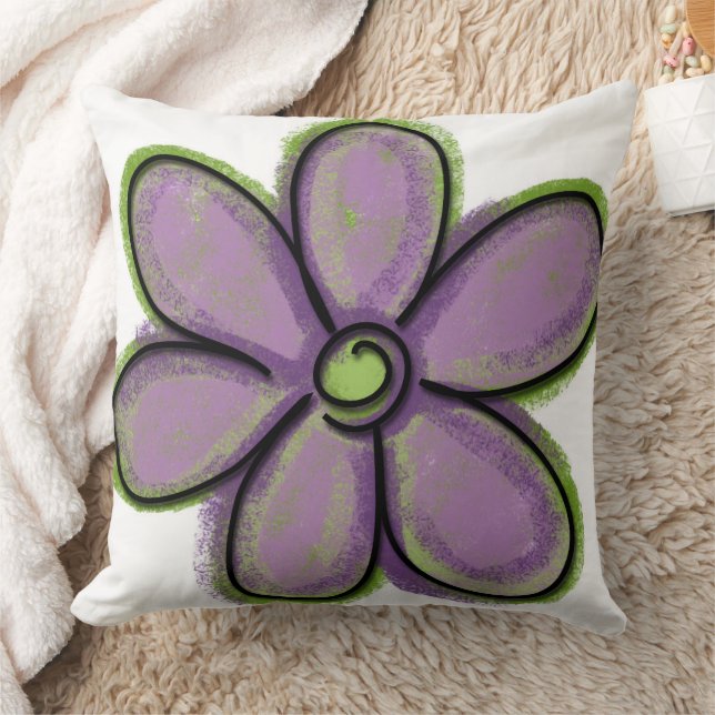 Large Painted Purple Green Chalk Flower Cushion (Blanket)