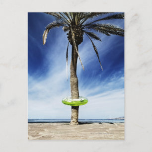 Large palm tree on a sandy beach with inflatable postcard