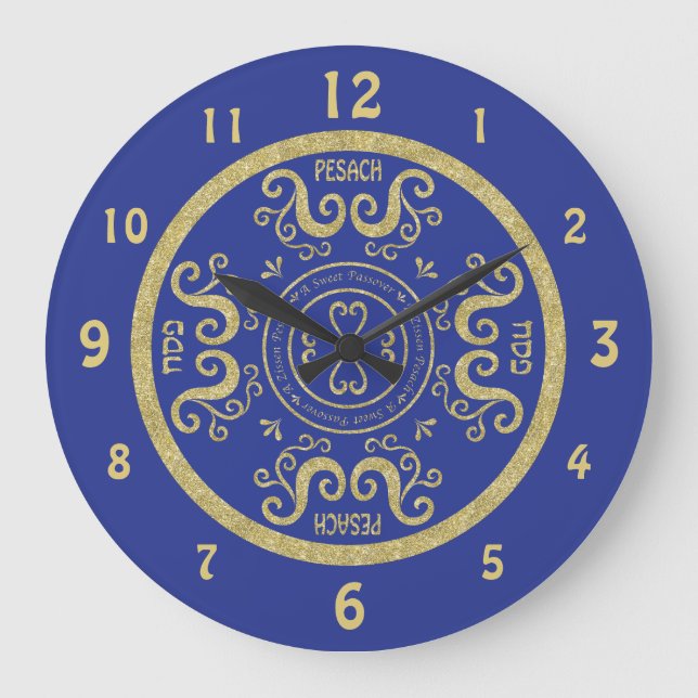 Large Passover Round Clock "Blue, Gold Elegant" (Front)