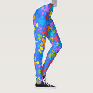 Large Pastel Colour Autism Puzzle Pieces on B BLUE Leggings