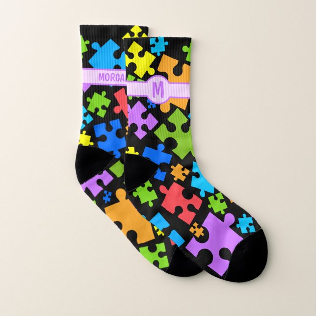 Large Pastel Colour Autism Puzzle Pieces on BLACK Socks (Pair)