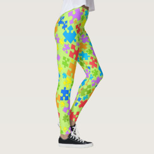 Large Pastel Colour Autism Puzzle Pieces on GREEN Leggings