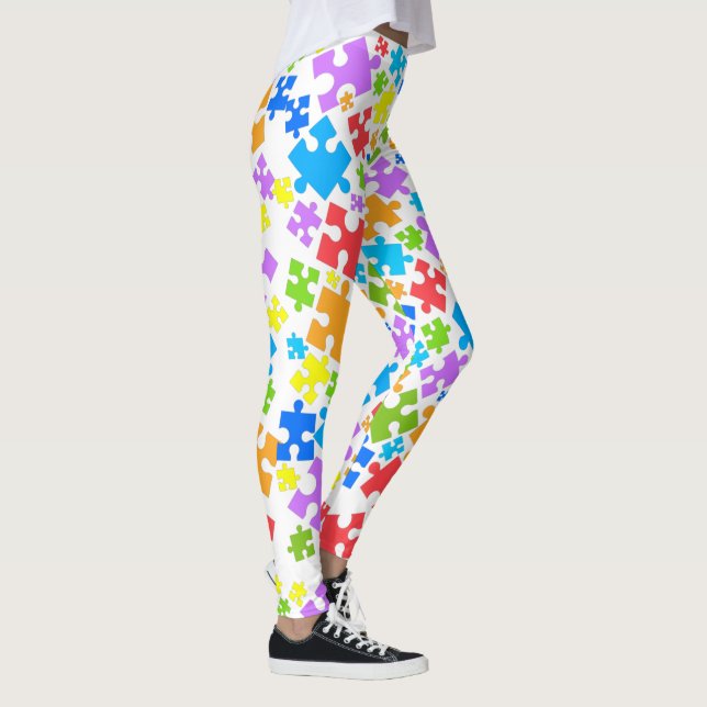 Large Pastel Colour Autism Puzzle Pieces on WHITE Leggings (Right)