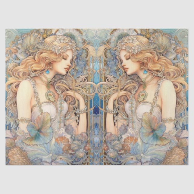 Large Pastel Watercolor Floral Mermaid Decoupage Tissue Paper (Front)