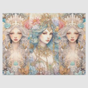 Large Pastel Watercolor Floral Mermaid Decoupage Tissue Paper