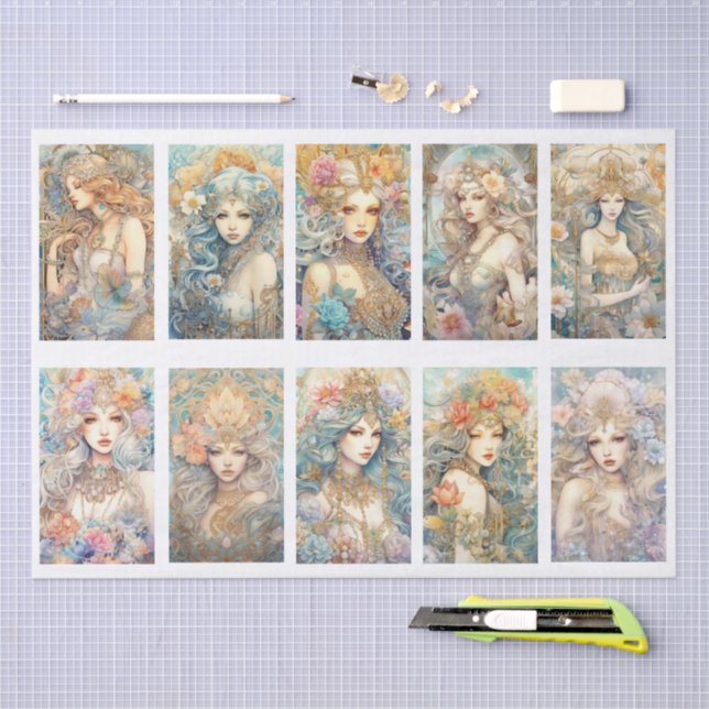 Large Pastel Watercolor Floral Mermaid Decoupage Tissue Paper (Craft)