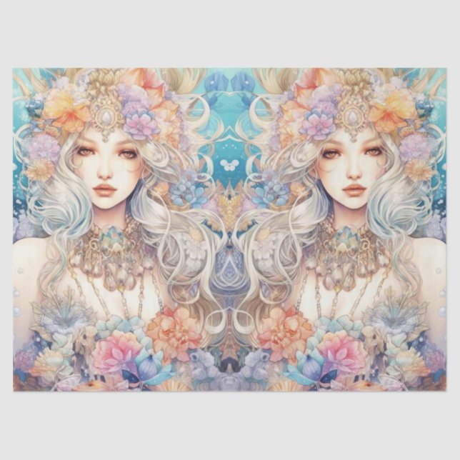 Large Pastel Watercolor Floral Mermaid Decoupage Tissue Paper (Front)